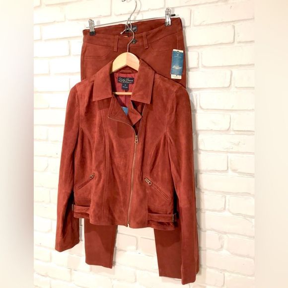 LUCKY BRAND 2 PIECE SUEDE MOTORCYCLE MOTO JACKET & MATCHING PANTS NWT - Picture 1 of 15